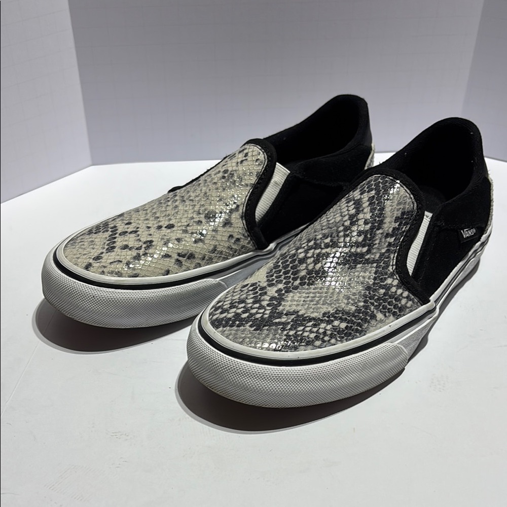 Vans Black and Gray Slip-On Sneakers with Grey and Cream Snake Skin Print.